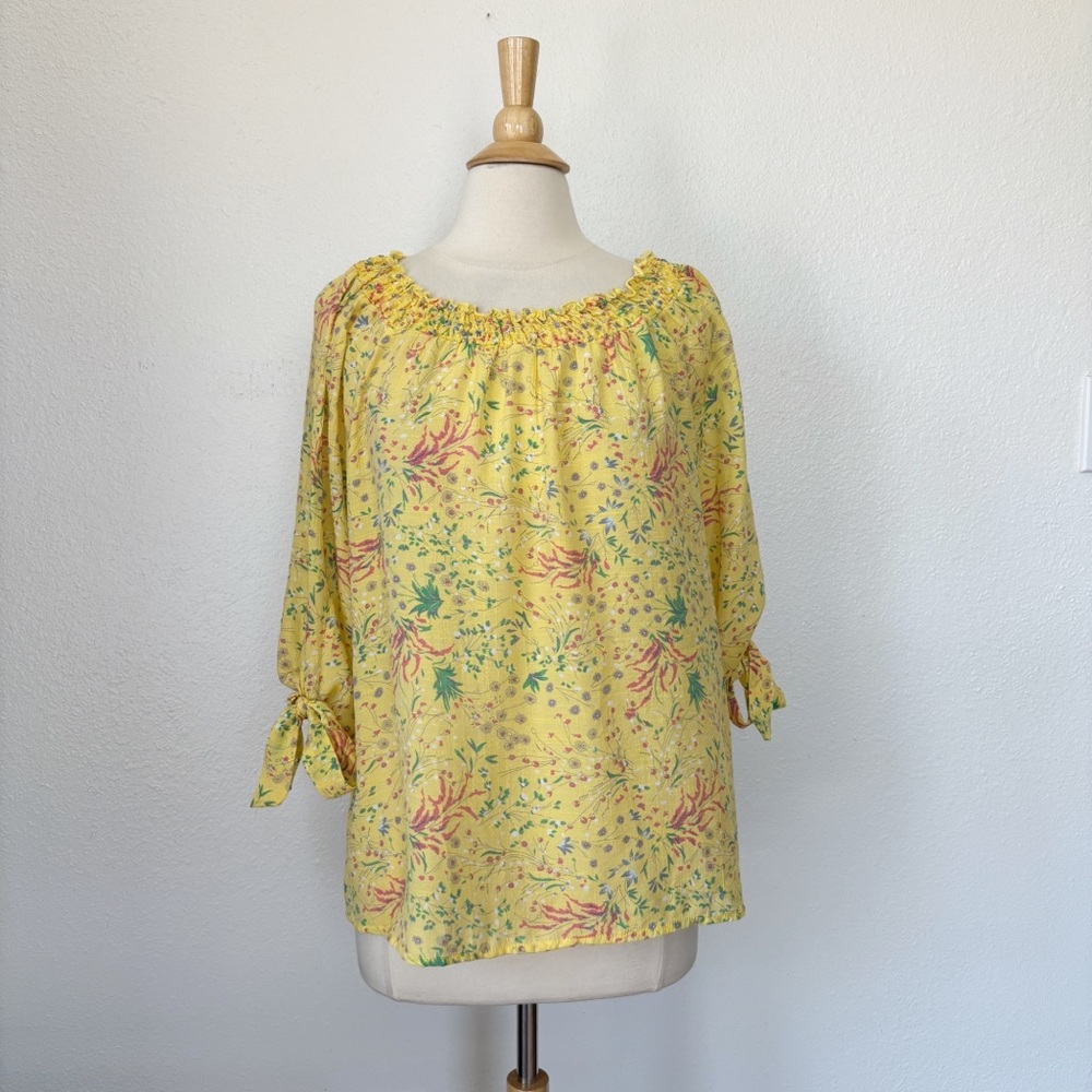 Yellow Floral Off The Shoulder 3/4 Sleeve Blouse - Picture 4 of 5